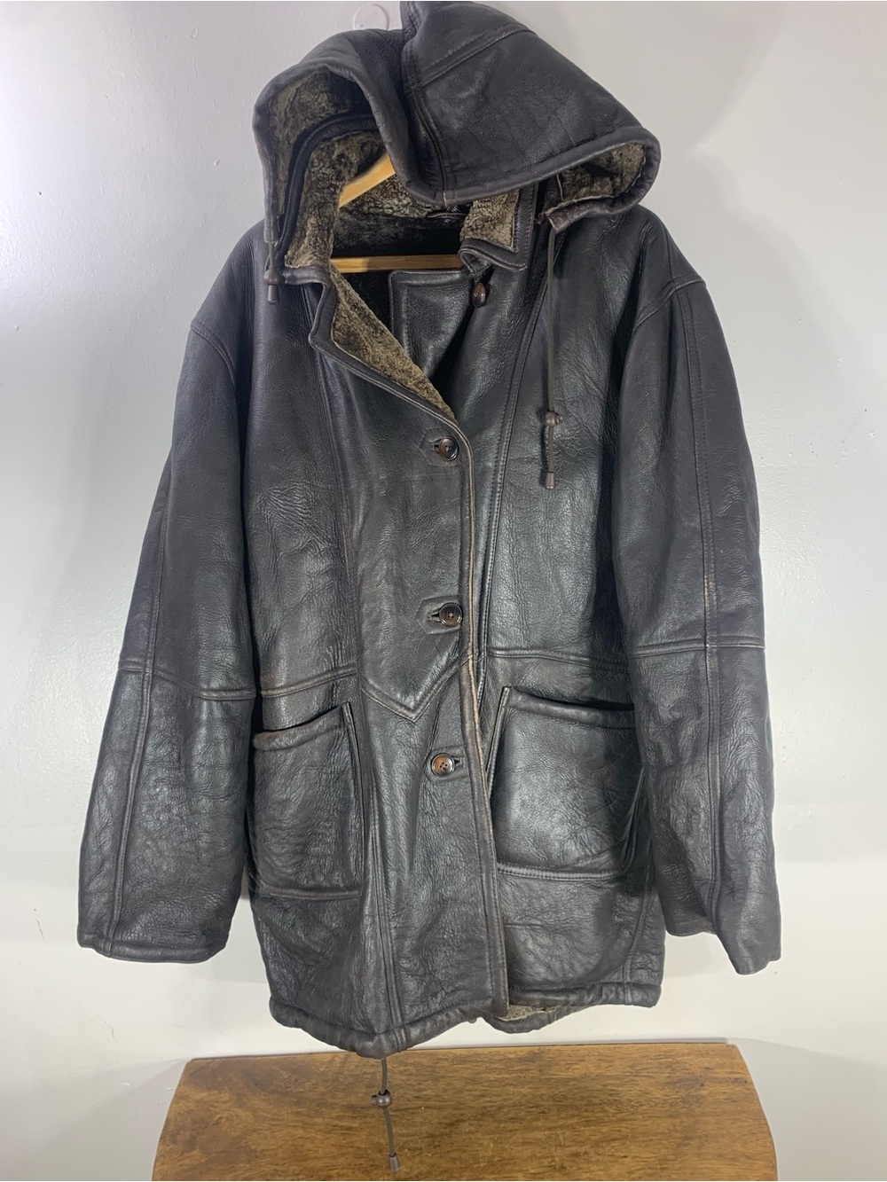 Vintage Dark Brown Genuine leather Shearling lined Hooded Coat Jacket